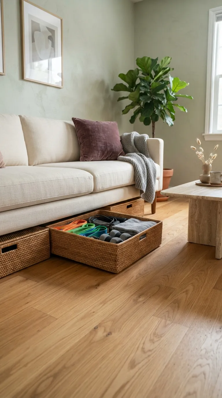 modern home gym ideas for small spaces Use Under-Sofa Storage for Workout Accessories
