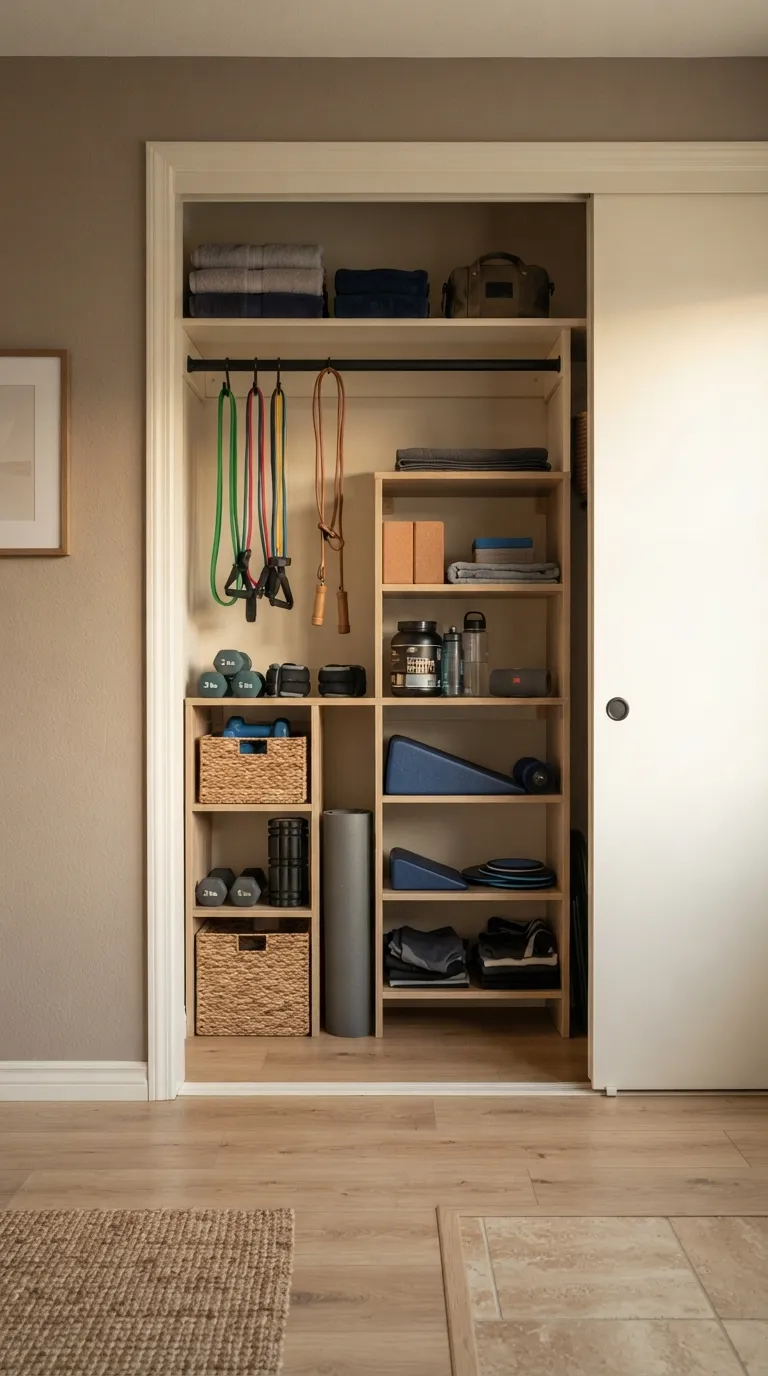 modern home gym ideas on a budget Turn a Closet Into Hidden Gym Storage