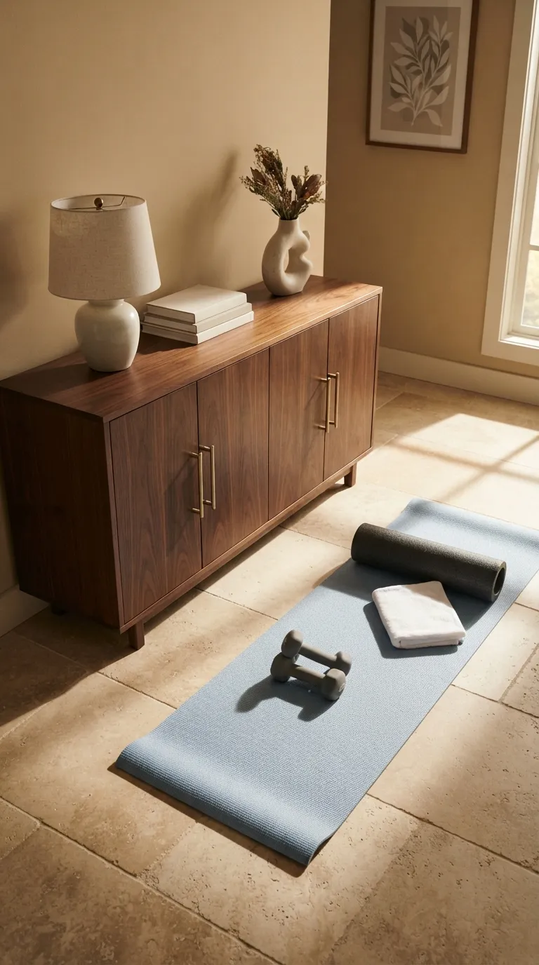 modern home gym ideas on a budget Use a Narrow Console for Gym Storage