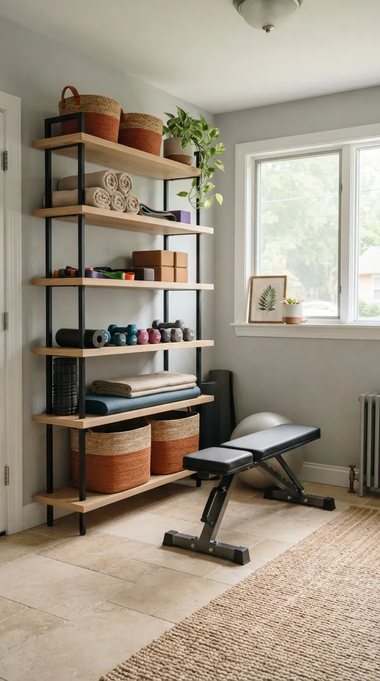 modern home gym ideas on a budget Use Open Shelving for Gym Gear