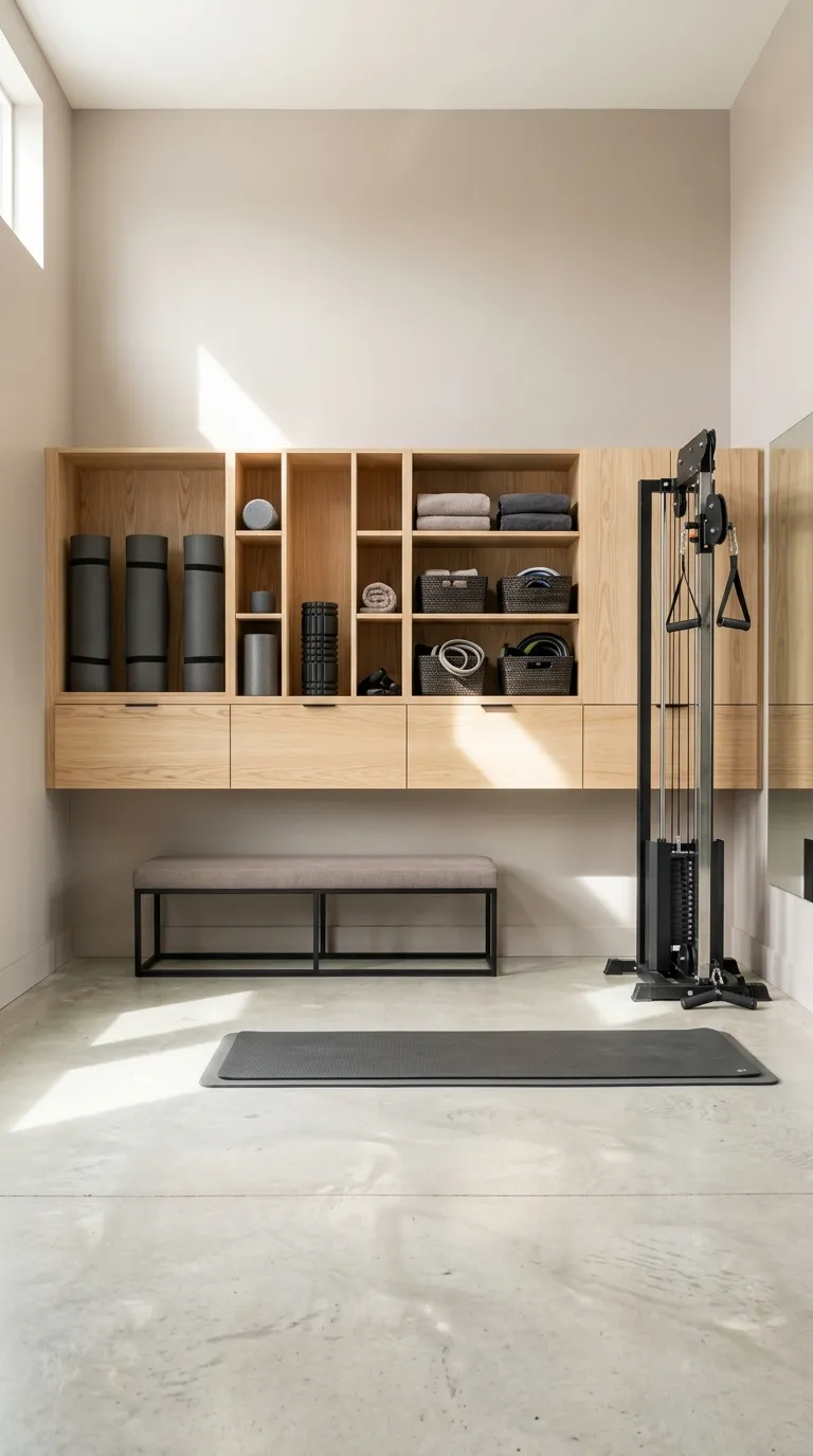 modern home gym ideas with a minimalist aesthetic Black And Oak Balance