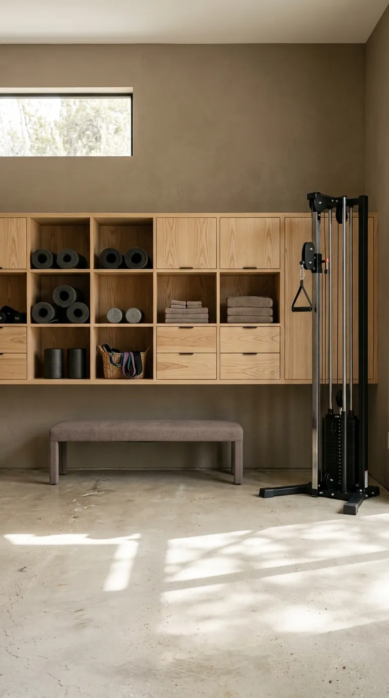 modern home gym ideas with a minimalist aesthetic Floating Storage Wall
