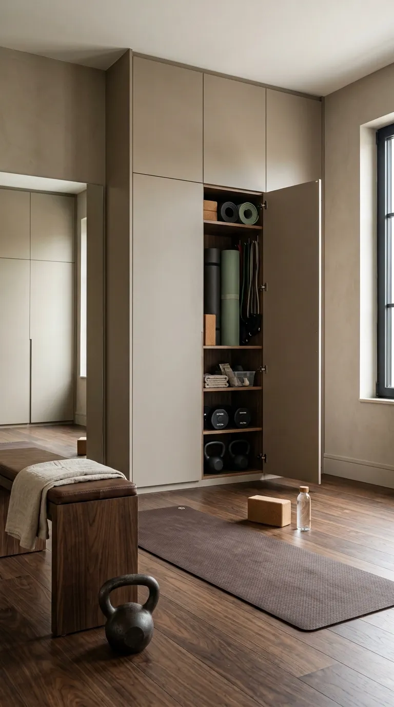 modern home gym ideas with a minimalist aesthetic Hidden Equipment Cabinet