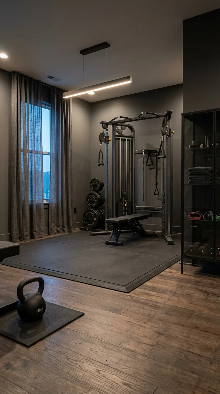 modern home gym ideas with a minimalist aesthetic Moody Charcoal Workout Room