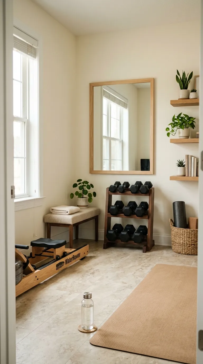 modern home gym ideas with a minimalist aesthetic Soft Sage Fitness Nook