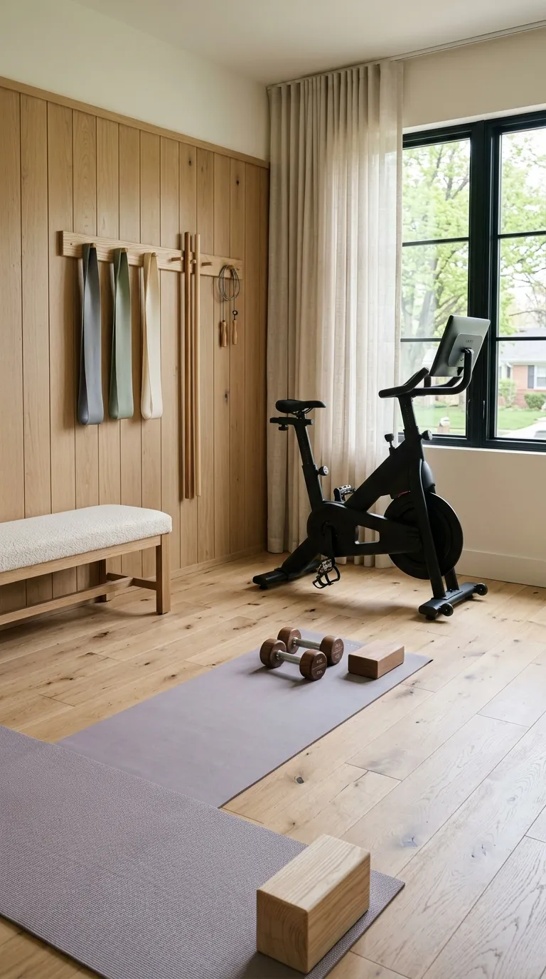 modern home gym ideas with a minimalist aesthetic White Oak Training Space