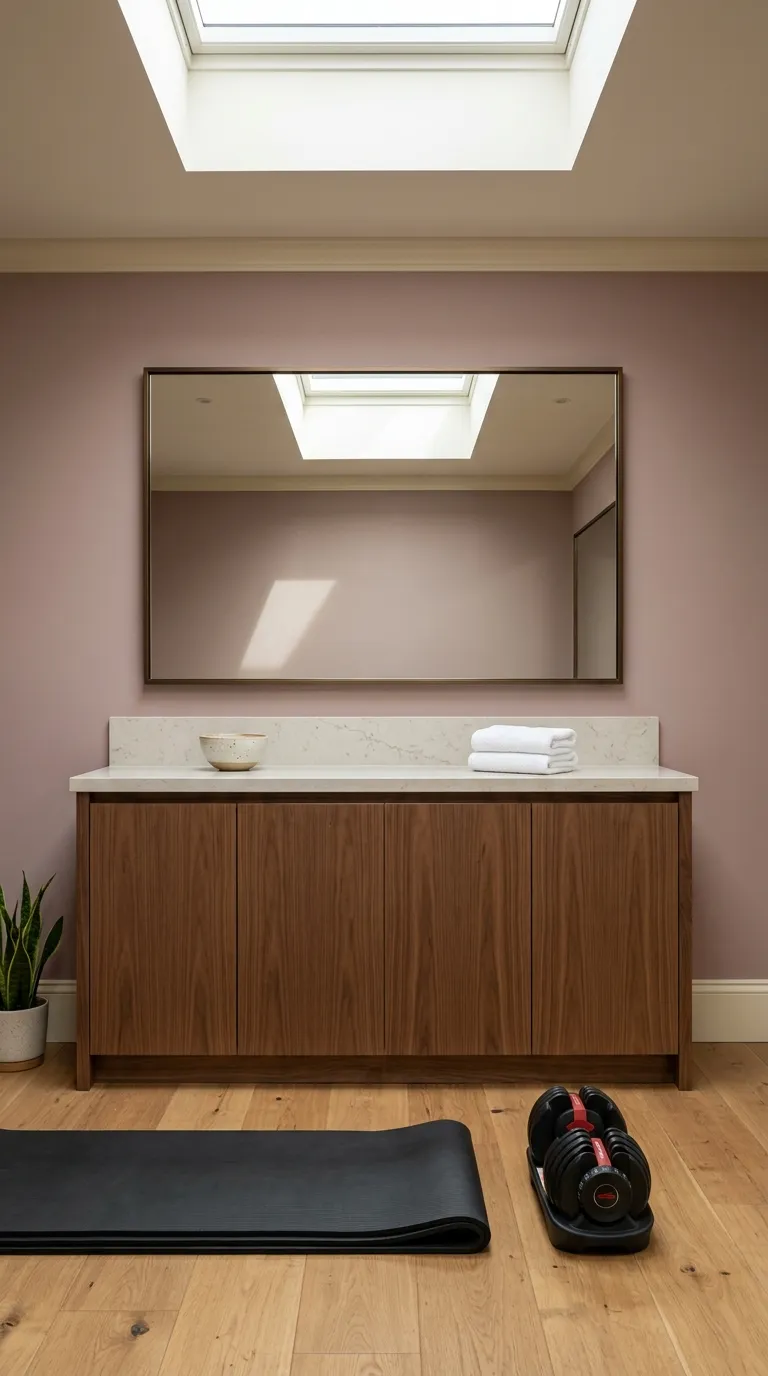 modern home gym ideas with mirrors Mirror Above Built-In Storage