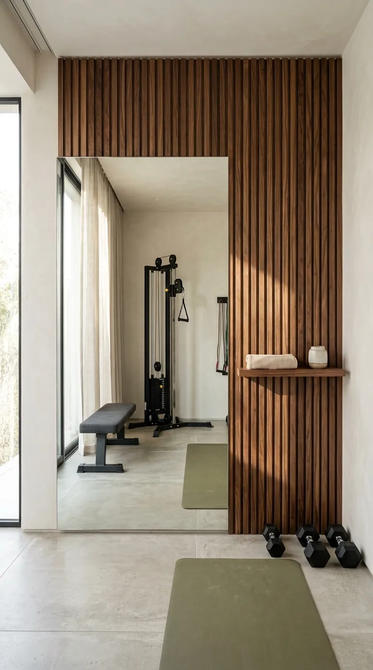 modern home gym ideas with mirrors Mirror Wall With Wood Slats