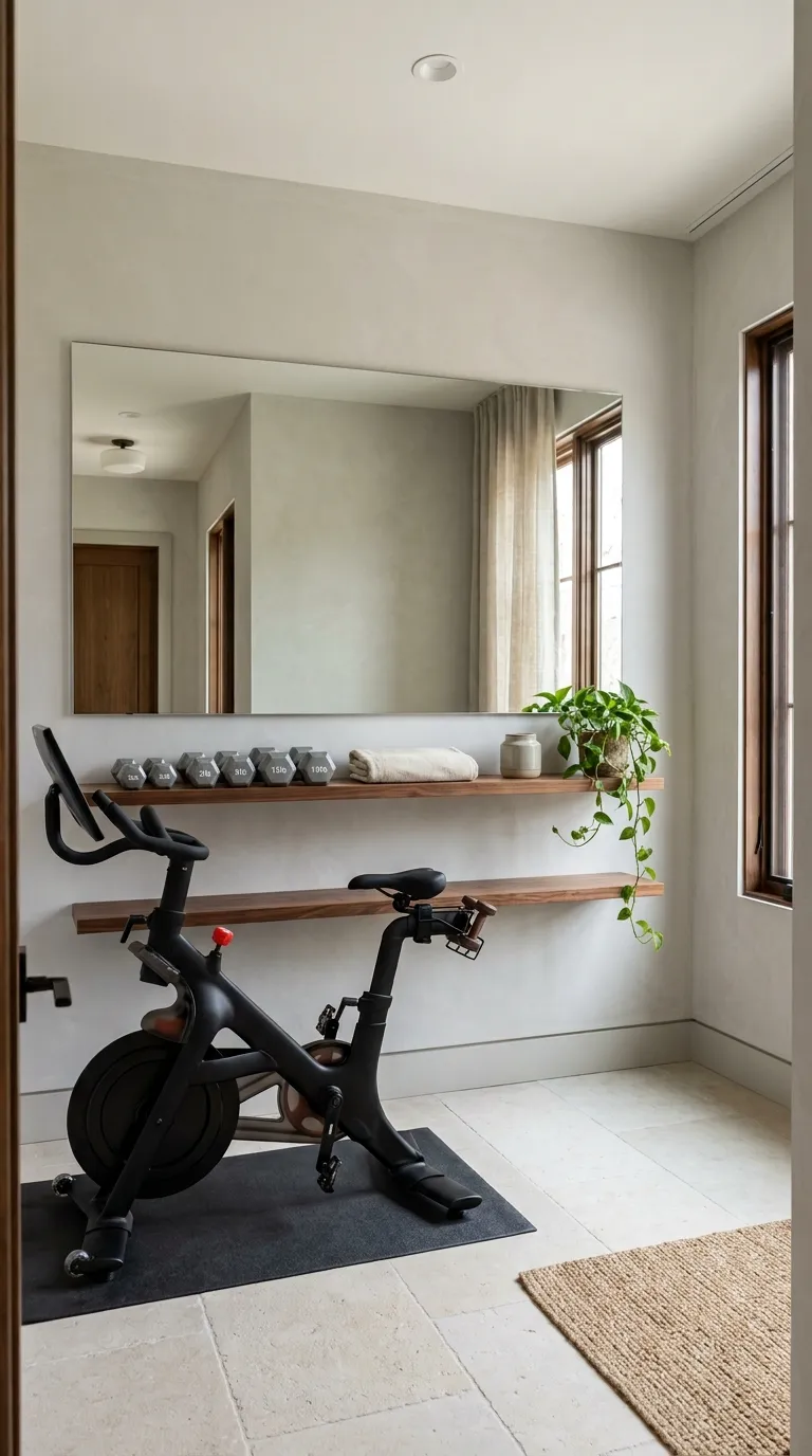 modern home gym ideas with mirrors Mirror With Floating Shelves