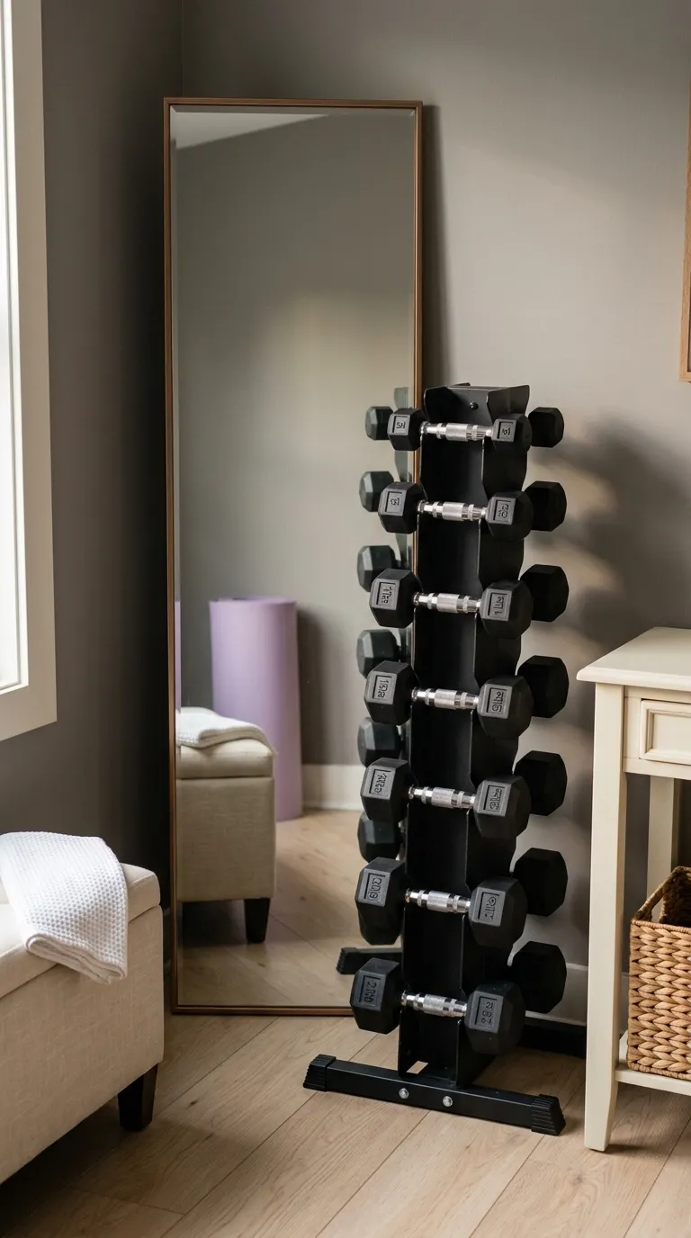 modern home gym ideas with mirrors Slim Mirror Behind Dumbbells