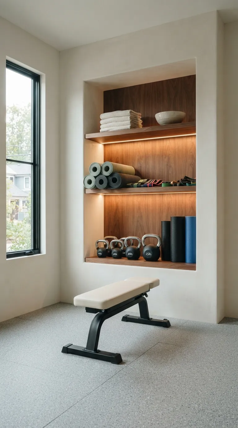 modern home gym ideas with storage Built-In Niche Shelves