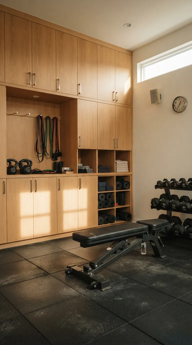 modern home gym ideas with storage Built-In Oak Storage Wall