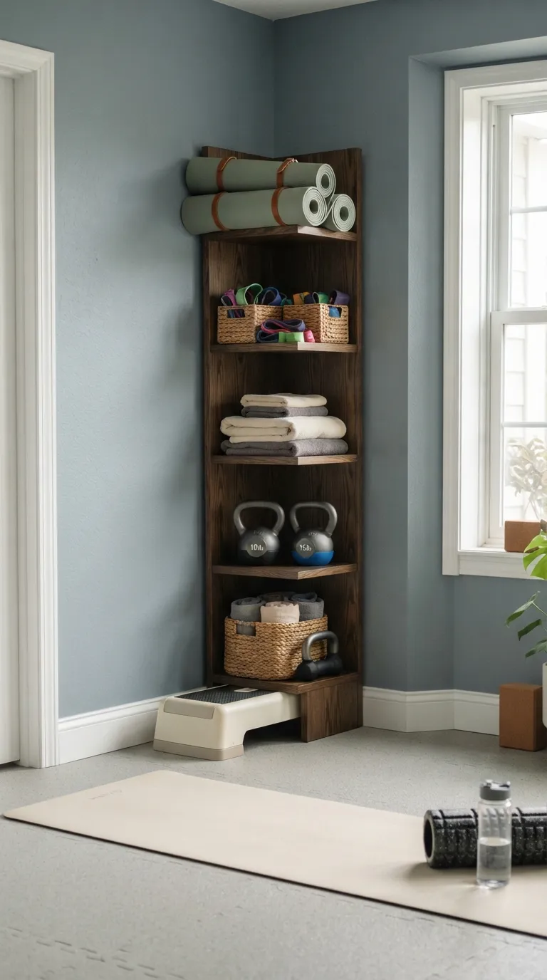 modern home gym ideas with storage Corner Shelf Tower
