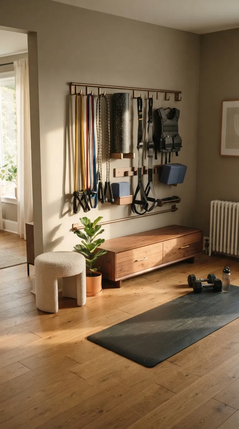 modern home gym ideas with storage Wall-Mounted Equipment Rack