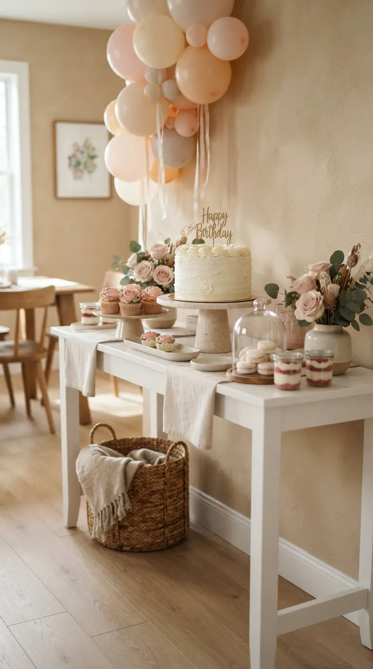 Pink White Birthday Decor White Cake Dessert Table