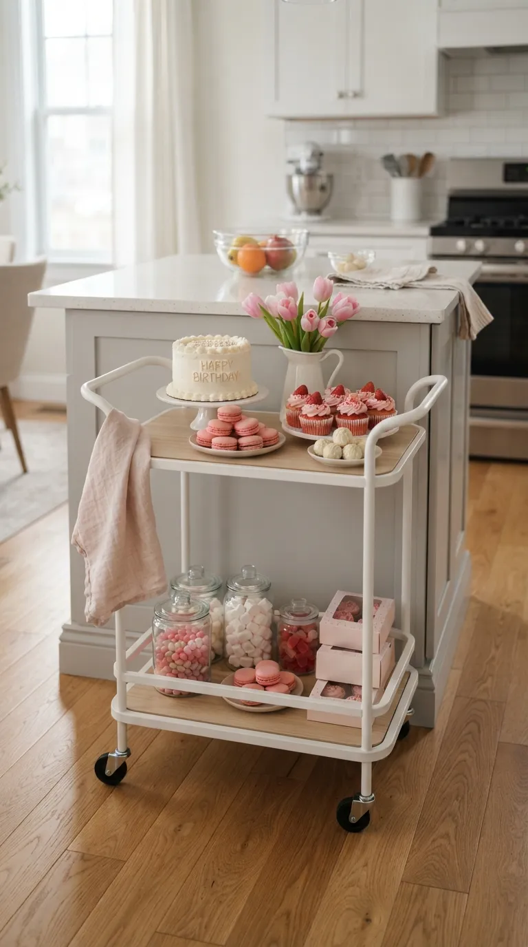 Pink White Birthday Decor White Dessert Cart