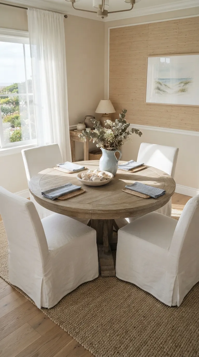 round table dining room decor ideas Coastal Blue Accents