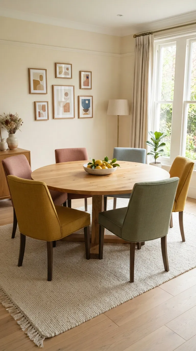 round table dining room decor ideas Colorful Upholstered Chairs