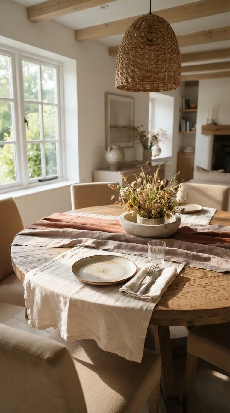 round table dining room decor ideas Layered Table Linens
