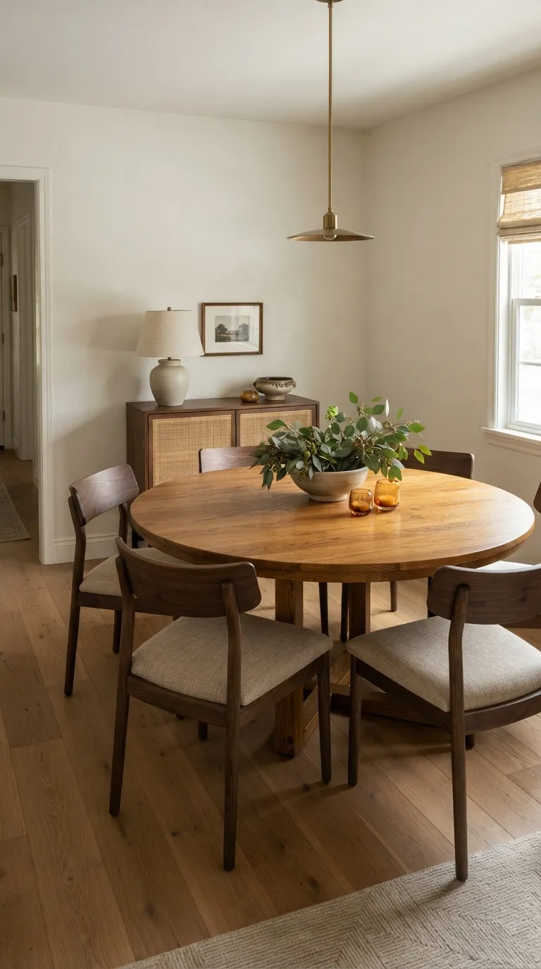 round table dining room decor ideas Mixed Wood Finishes