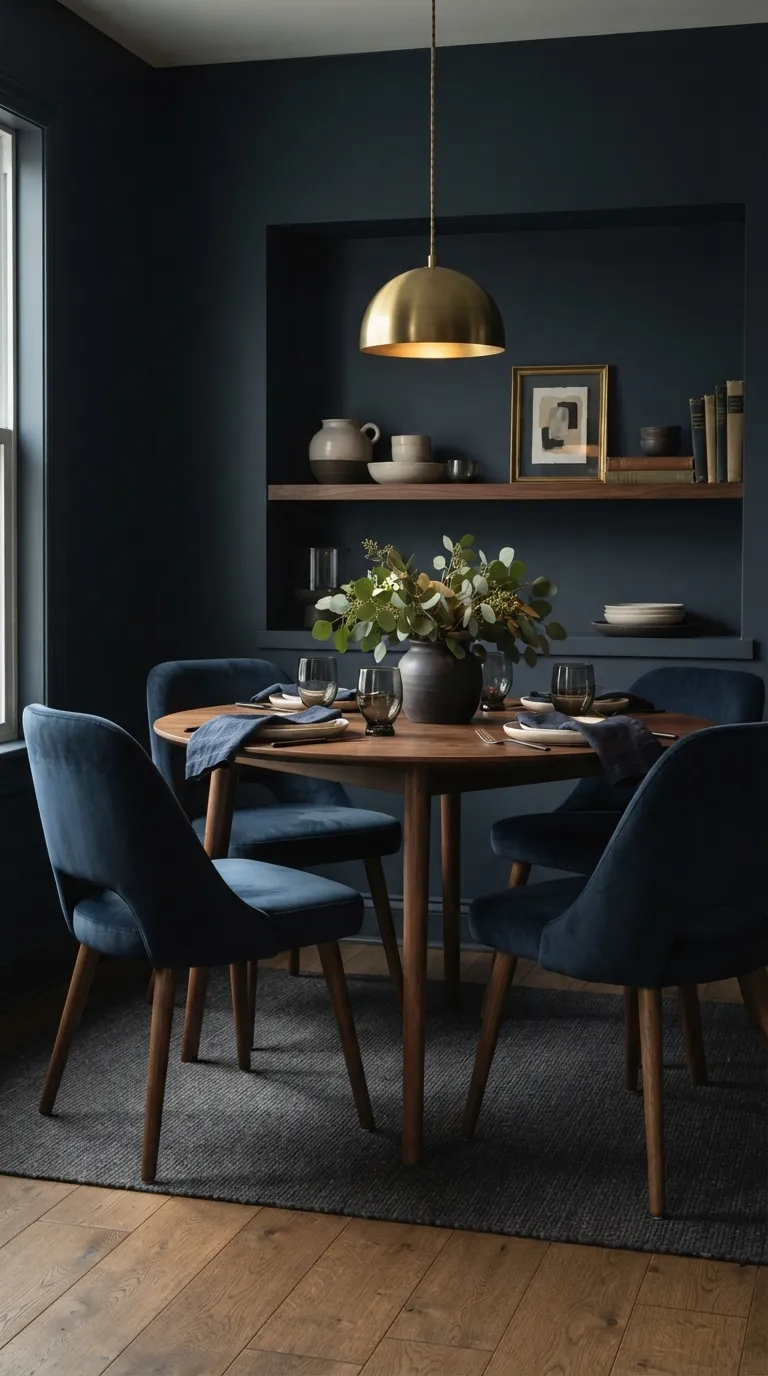 round table dining room decor Moody Navy Dining Nook