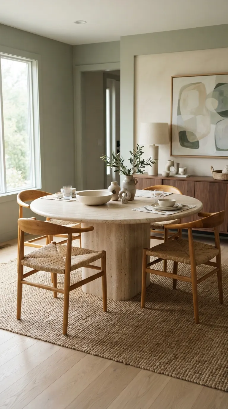 round table dining room decor Sage Green and Natural Texture