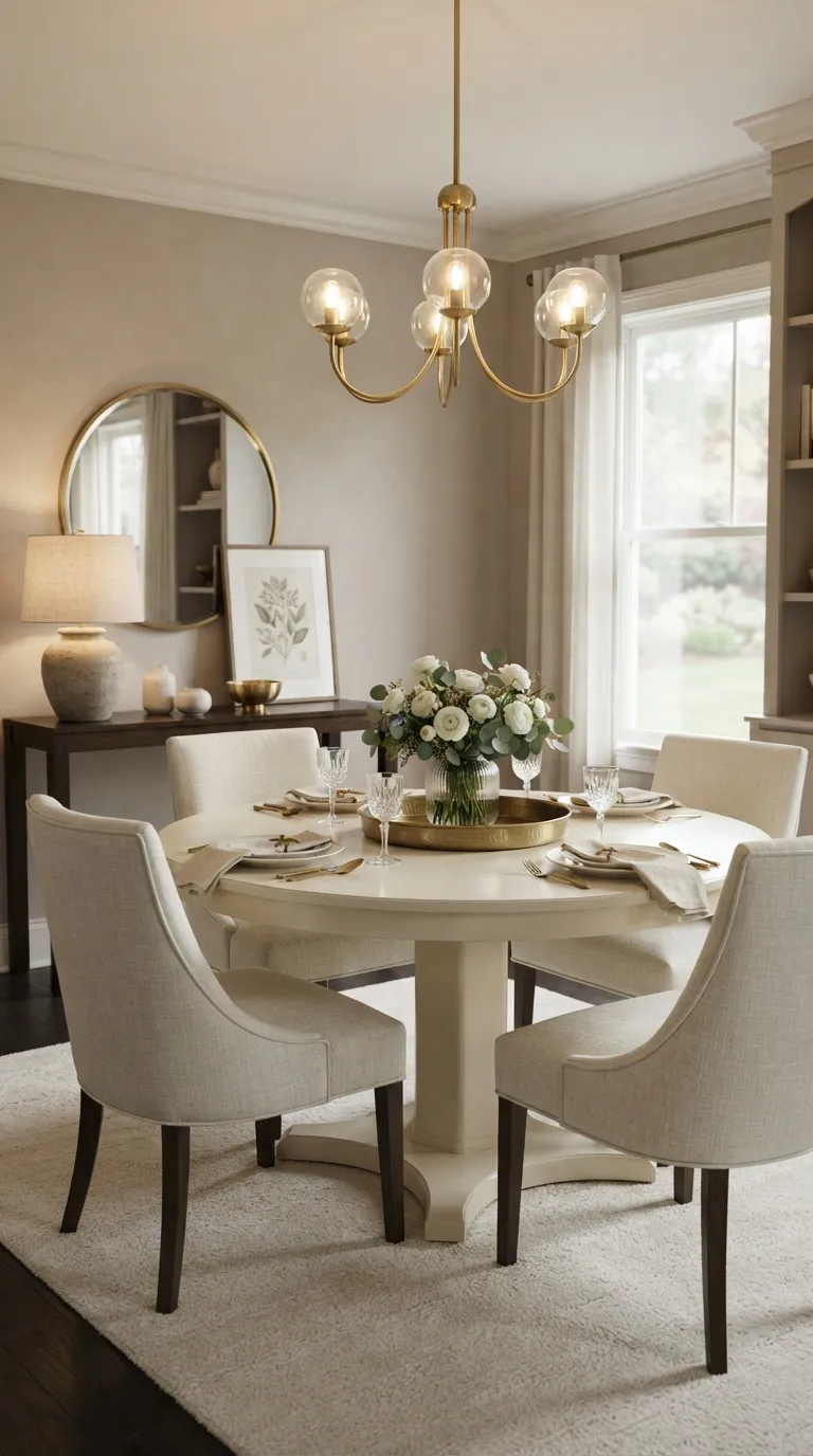 round table dining room decor Warm Brass and Cream