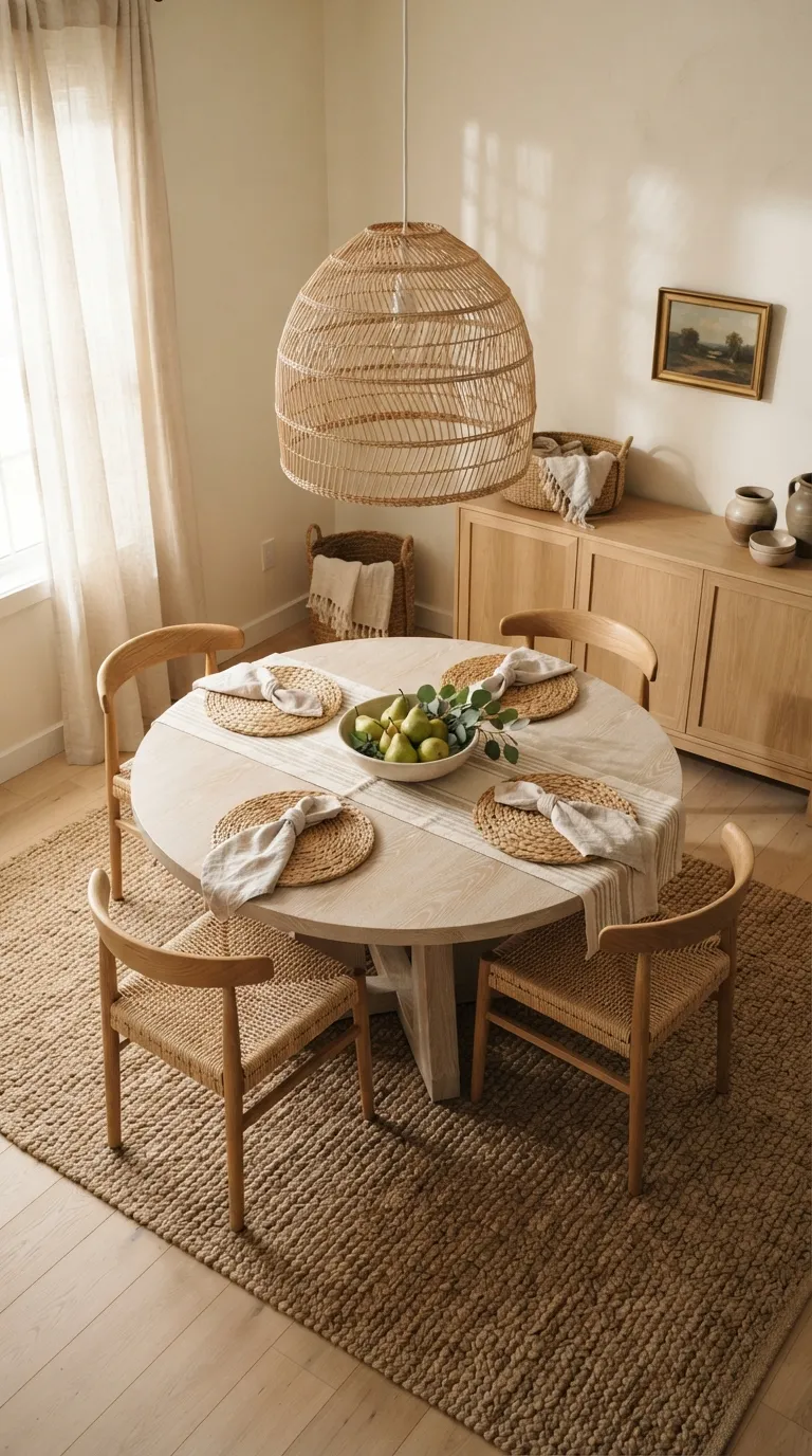 round table dining room decor Woven Pendant and Textiles
