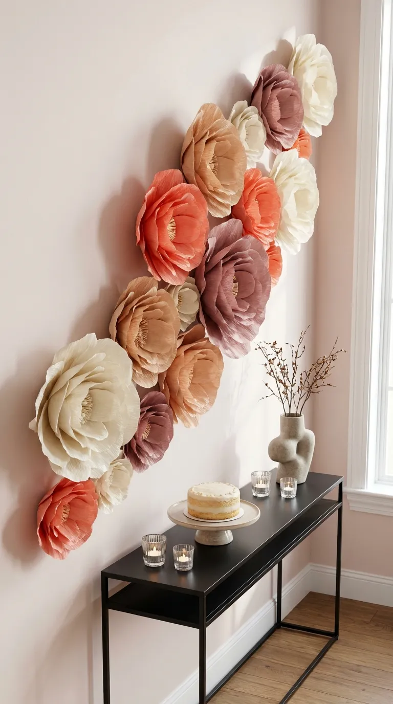 simple birthday backdrop ideas for home Arrange Oversized Paper Flowers