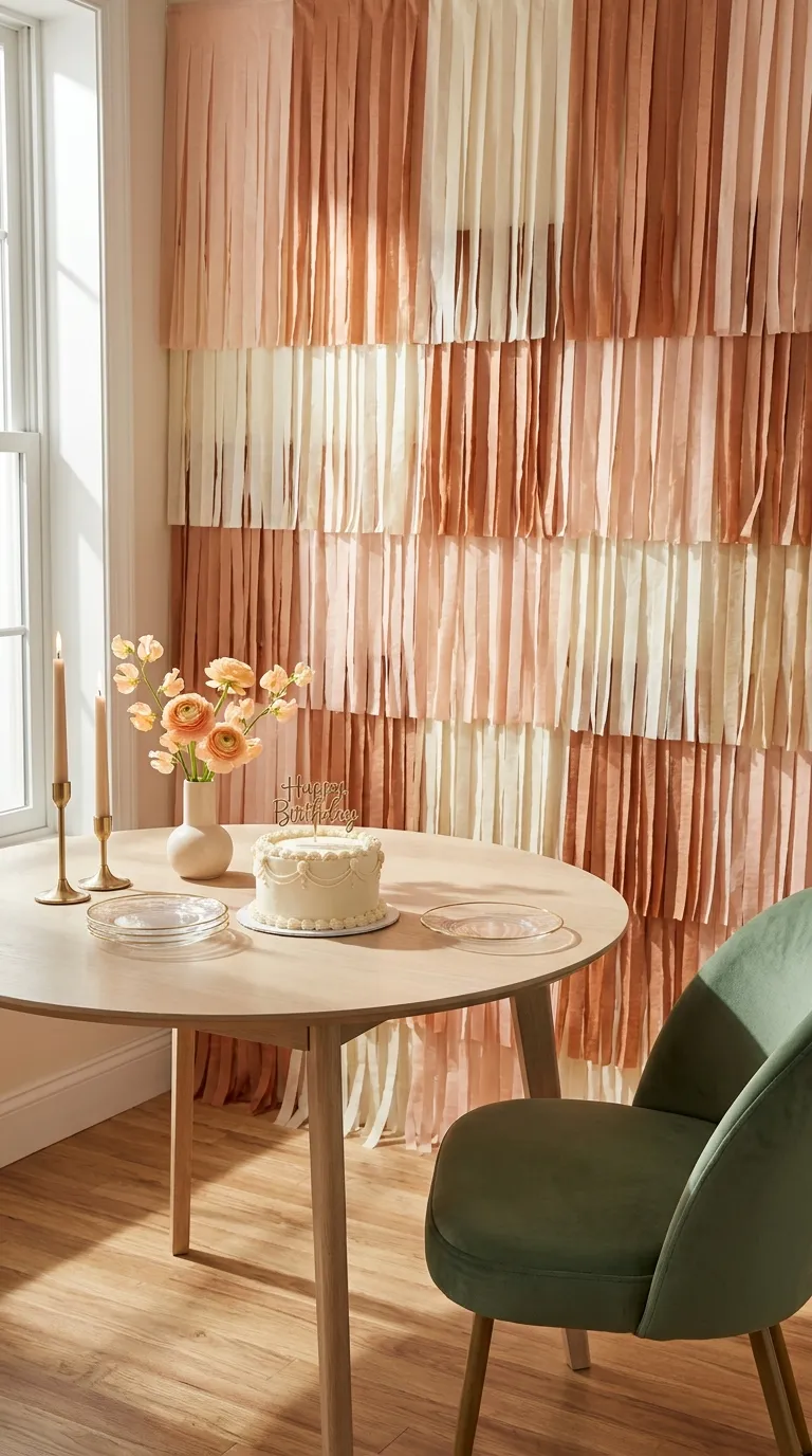 simple birthday backdrop ideas for home Hang a Fringe Curtain Behind the Cake Table