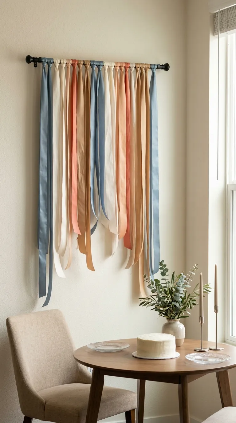 simple birthday backdrop ideas for home Hang Ribbons From a Curtain Rod