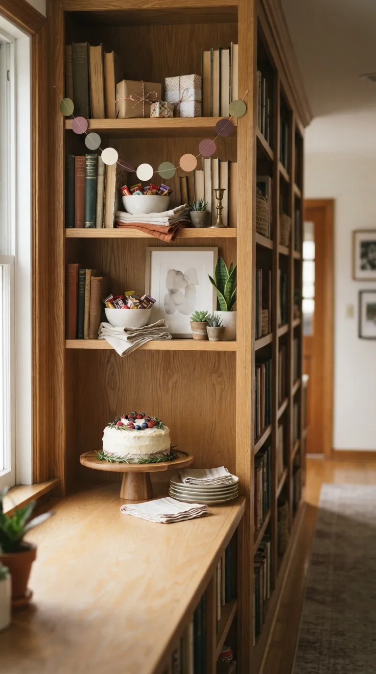 simple birthday decoration ideas on a budget Repurpose a Bookshelf for Party Decor