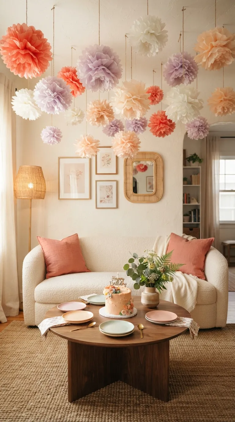 simple birthday party decor ideas at home Hang Tissue Paper Pom-Poms