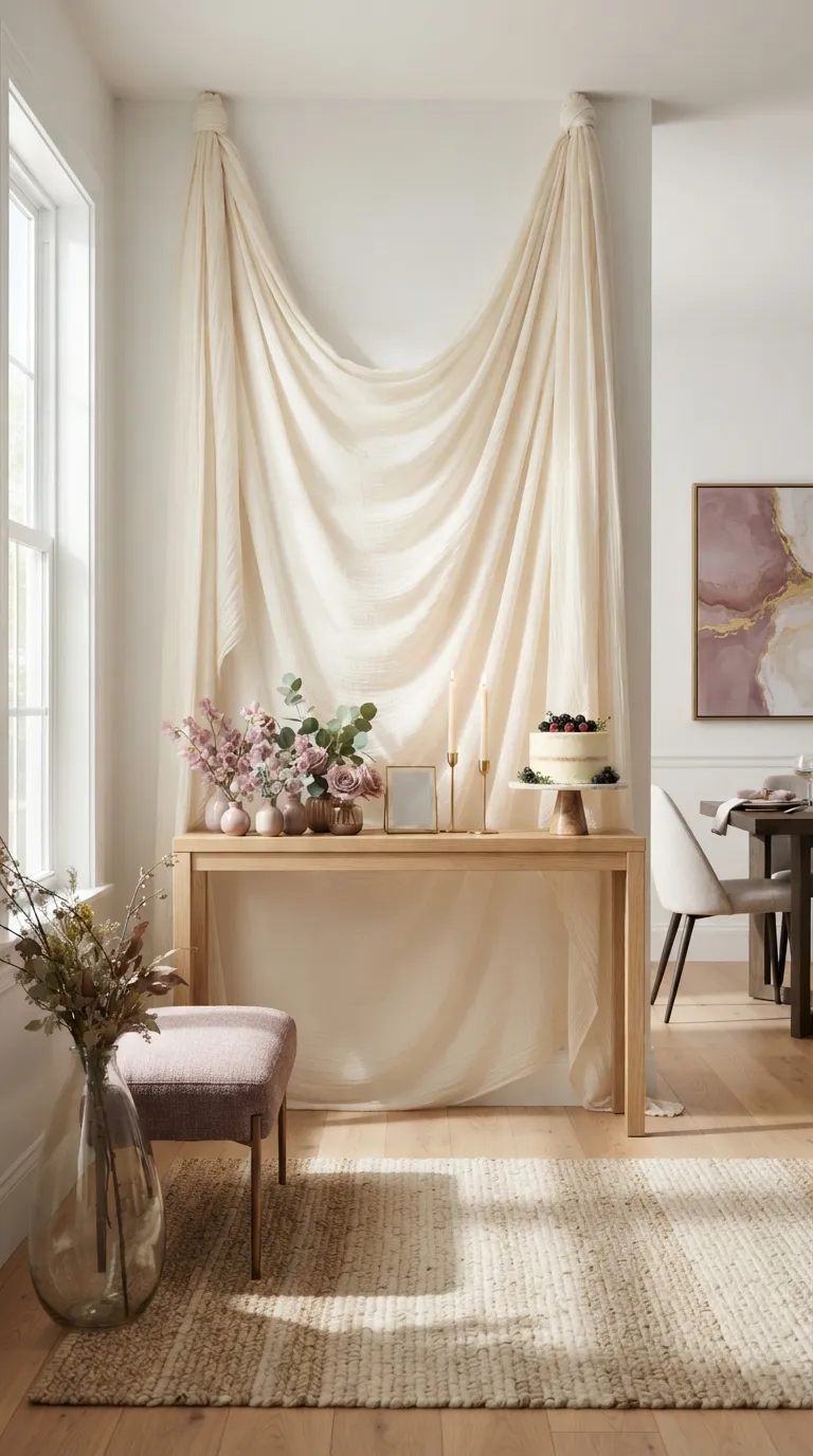 simple birthday party decor ideas for adults Hang a Soft Draped Fabric Backdrop