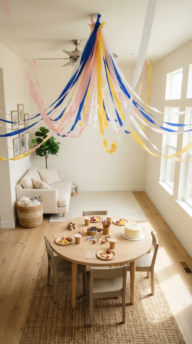 simple birthday party decoration ideas for kids Hang Colorful Streamers From the Ceiling