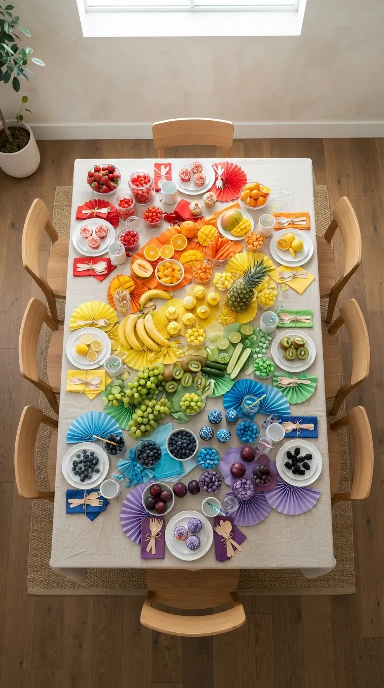 simple birthday party decoration ideas for kids Turn the Table Into a Rainbow Display