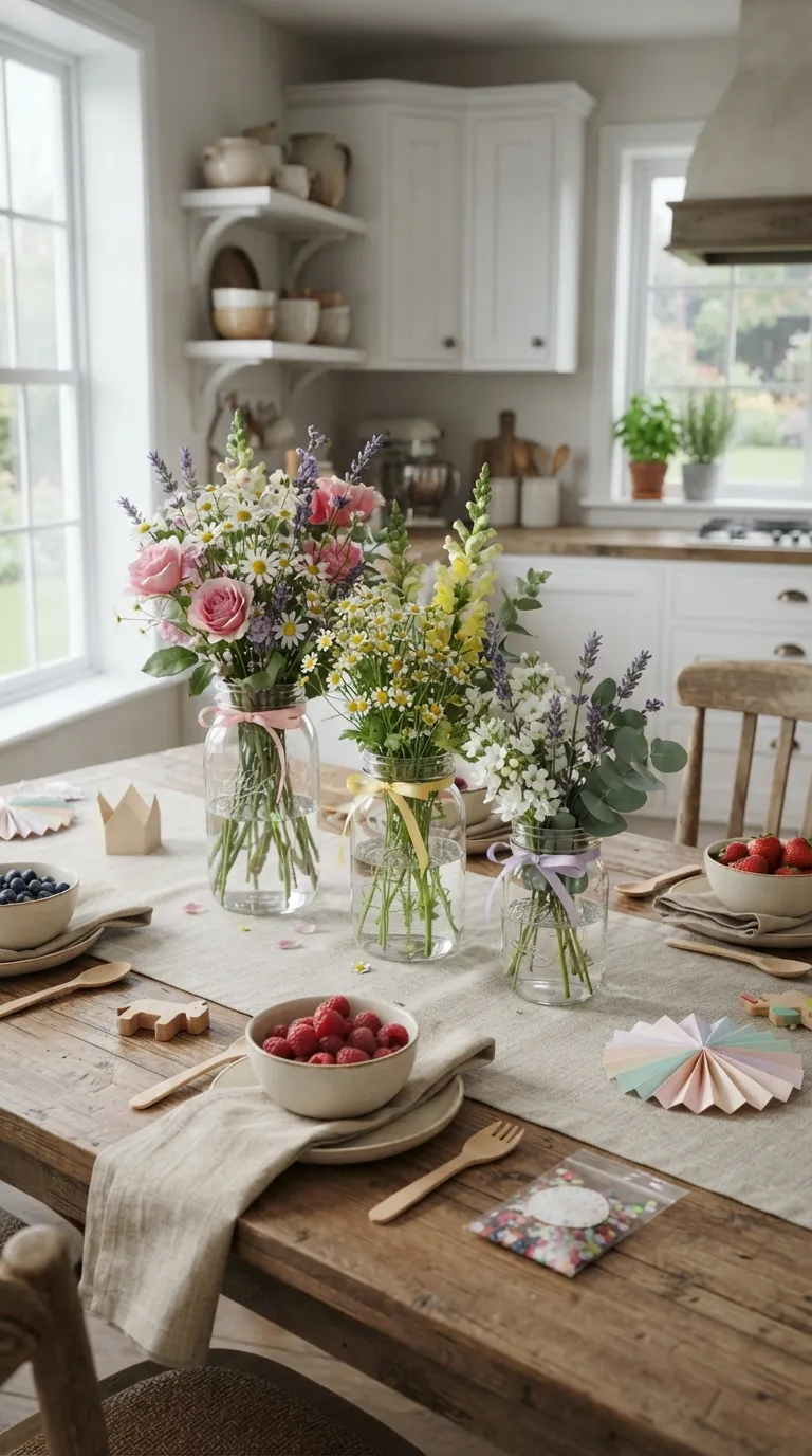simple birthday party decoration ideas for kids Use Mason Jars as Colorful Centerpieces