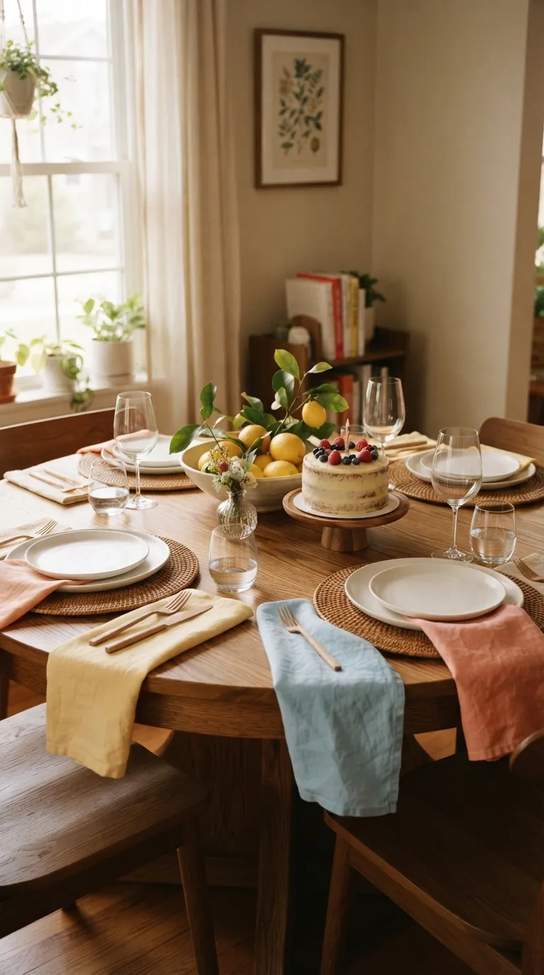 simple birthday table decor ideas Add Colorful Cloth Napkins