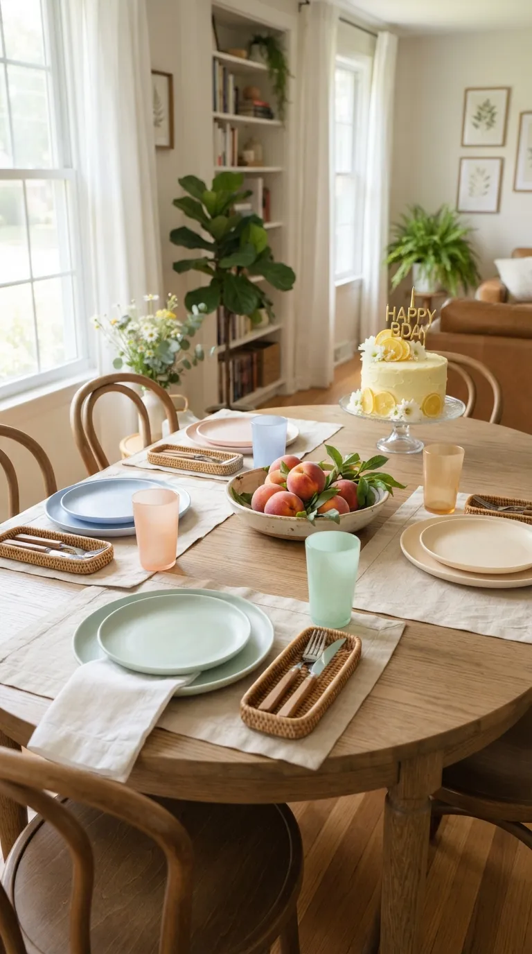 simple birthday table decor ideas Mix Pastel Plates and Glassware