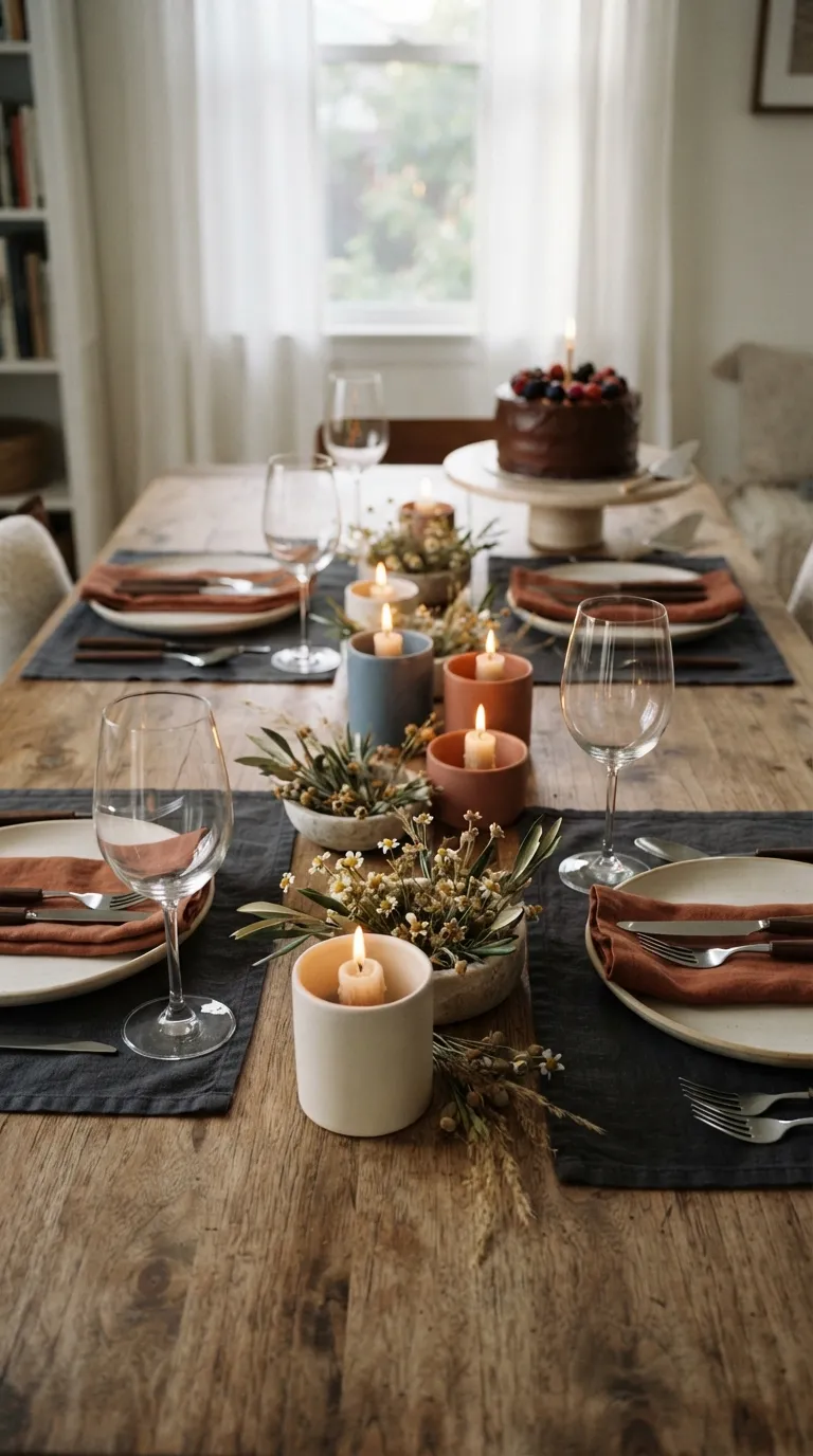 simple birthday table decor ideas Place Short Candles Along the Center