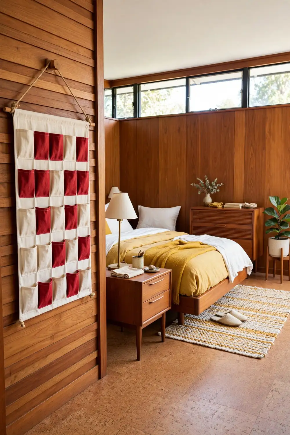 Fabric advent calendar with small pockets hanging on the wall beside a bed in a mid century bedroom with teak panels.
