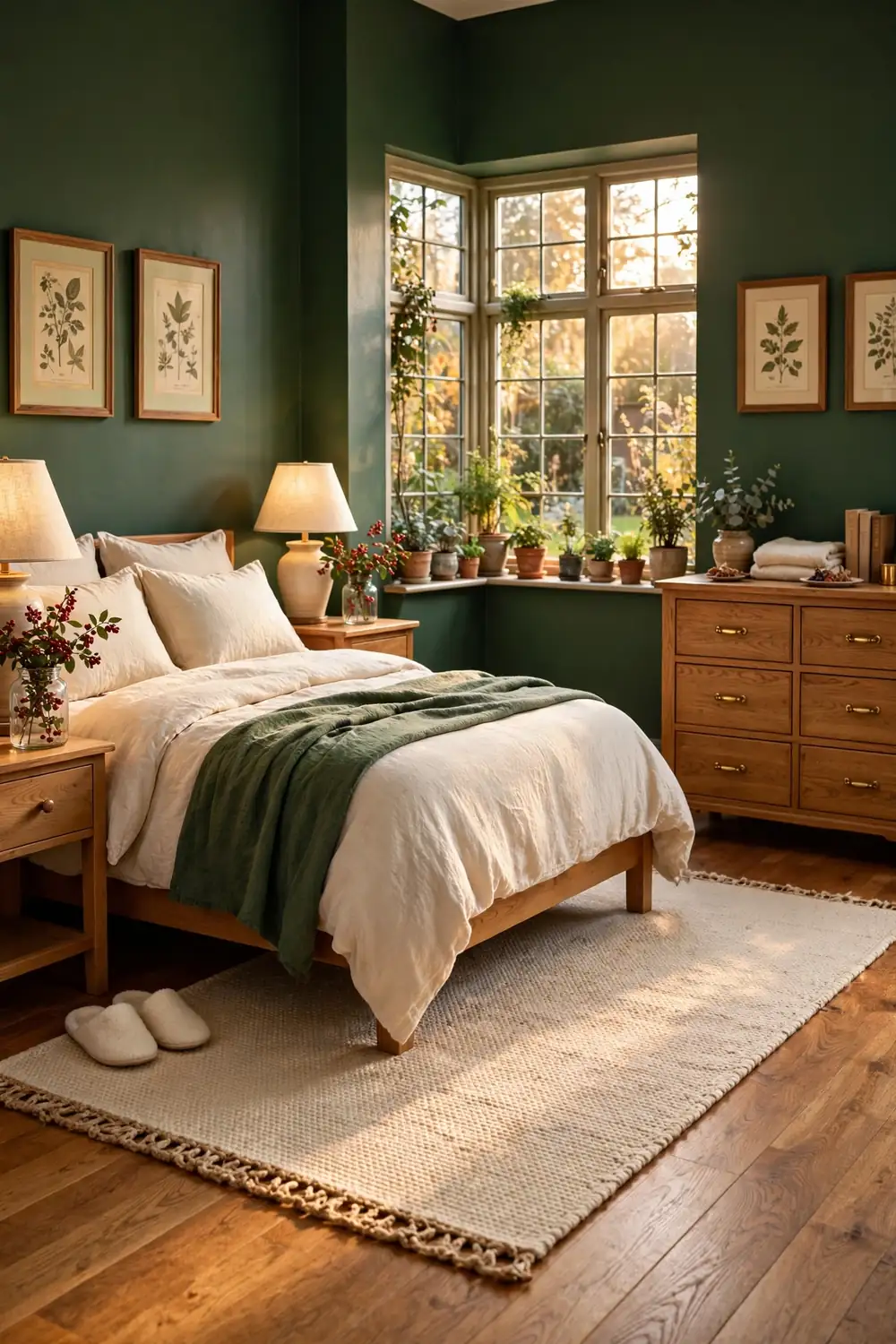Matching glass jars with red berry sprigs on both nightstands framing a bed in a botanical bedroom with deep green walls.