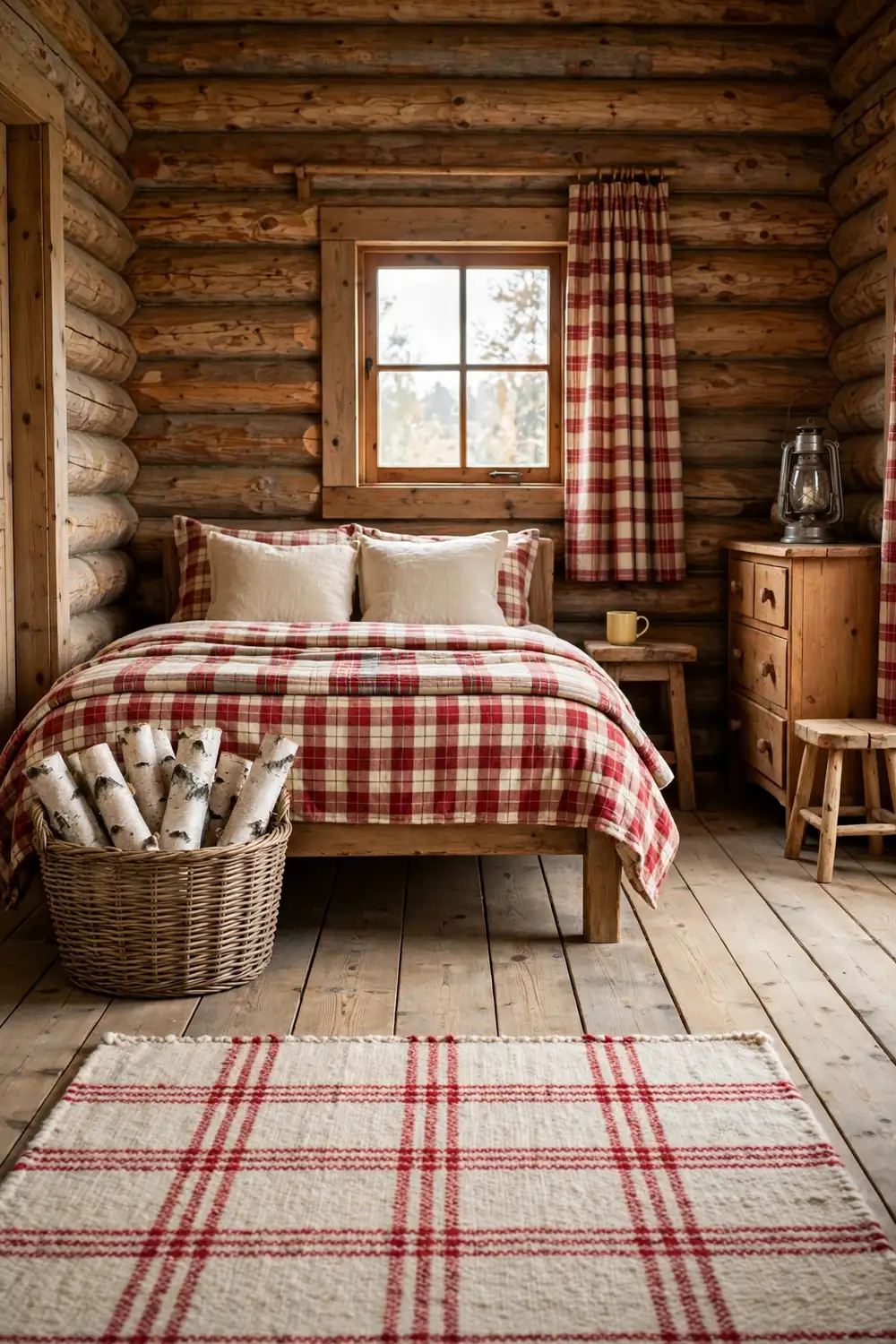 Woven basket filled with white birch logs beside a bed in a cabin bedroom with log walls and a wide plank floor.