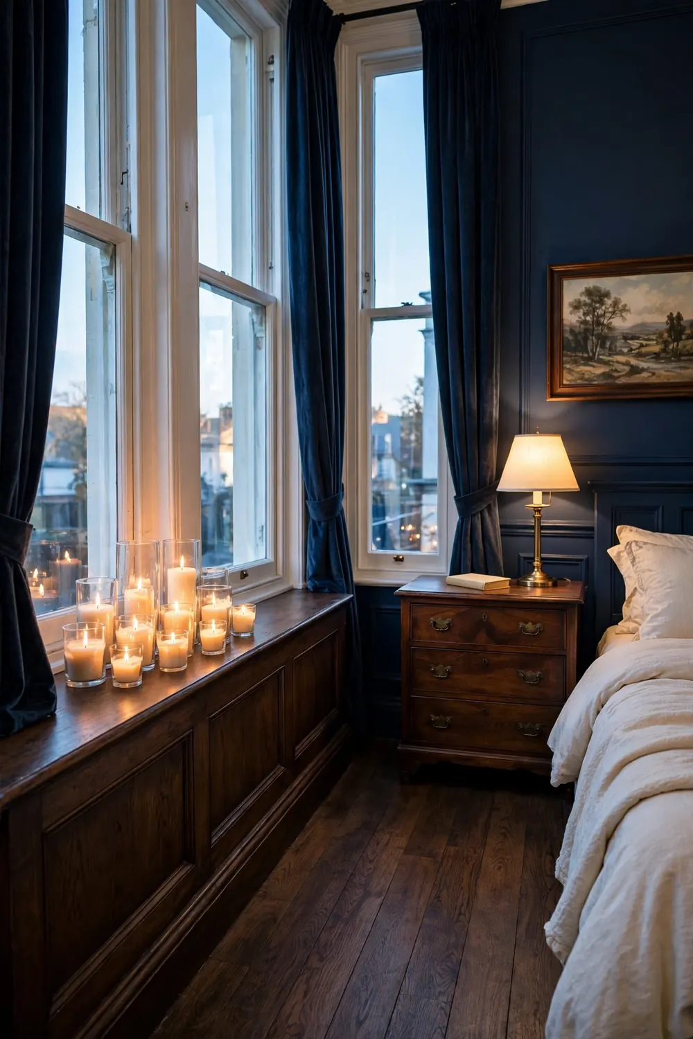 Glass holders with pillar and votive candles glowing on a windowsill in a Victorian bedroom with navy walls and dark wood floors.