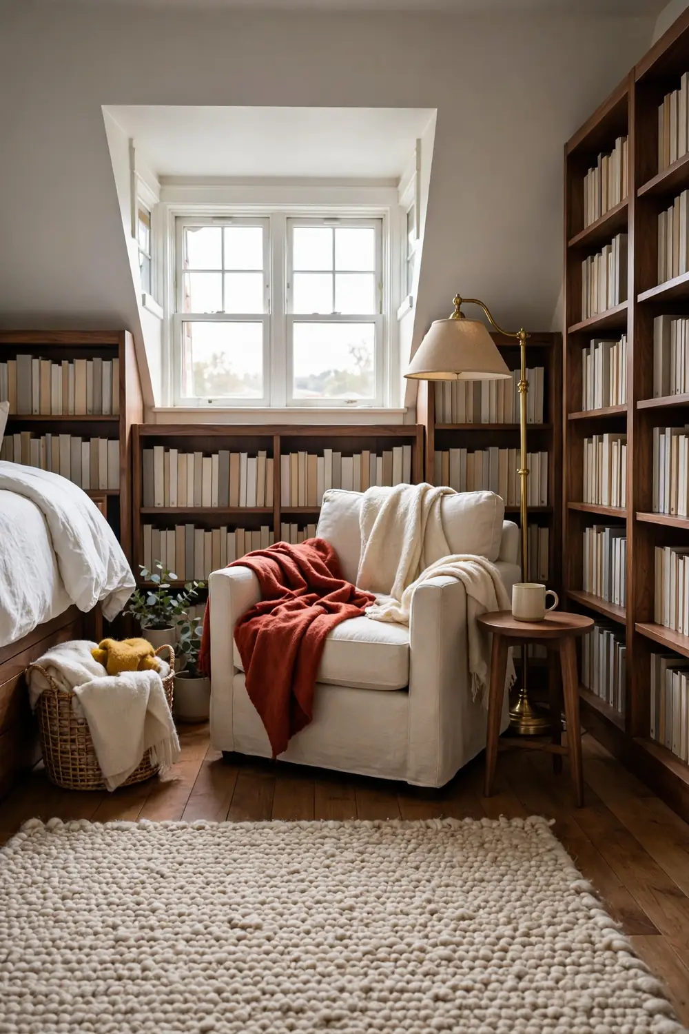 Corner armchair piled with throws, a floor lamp and a small side table in a library bedroom with walnut bookcases.