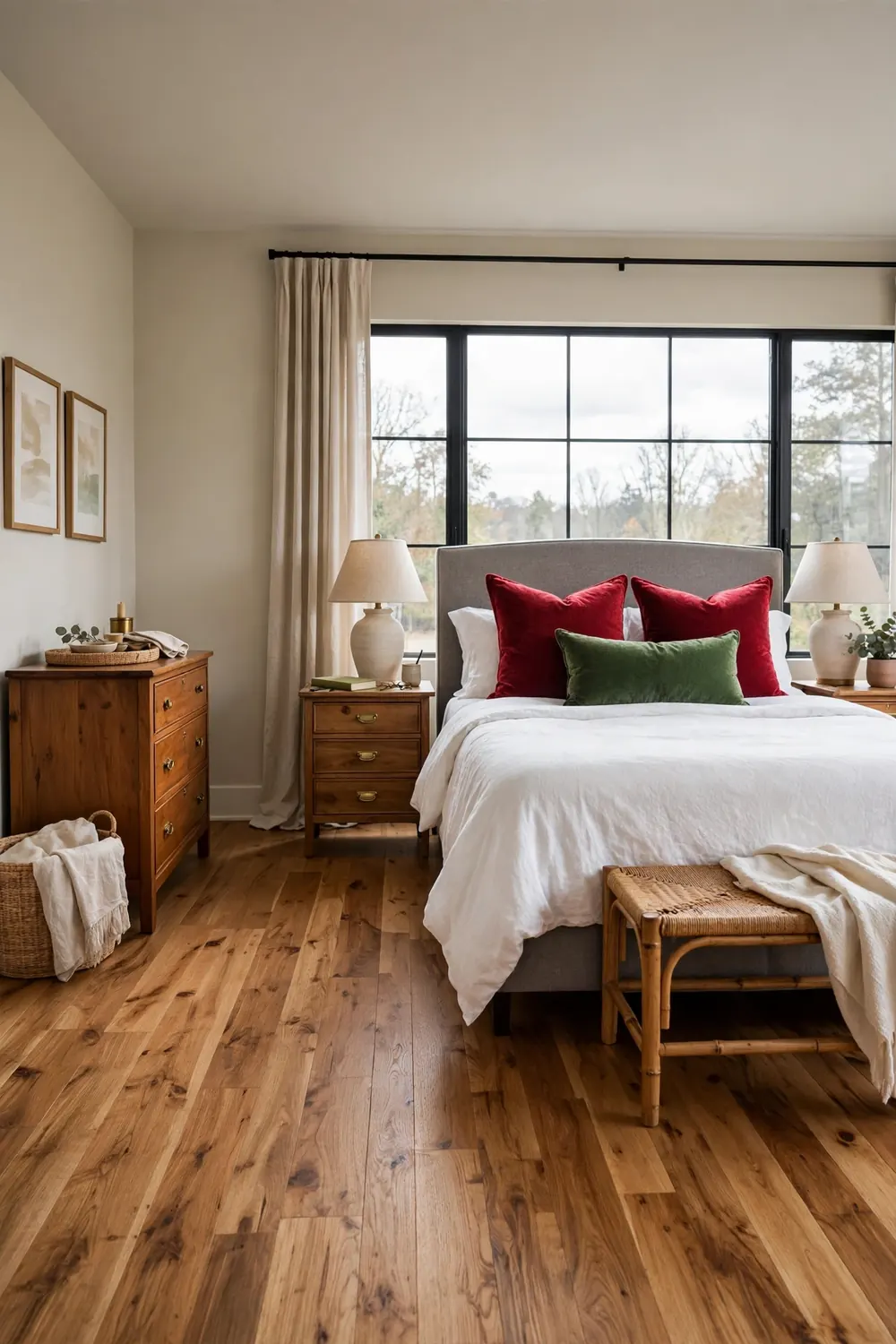 Cranberry red shams and a pine green velvet lumbar pillow accenting white bedding in a transitional bedroom with greige walls.