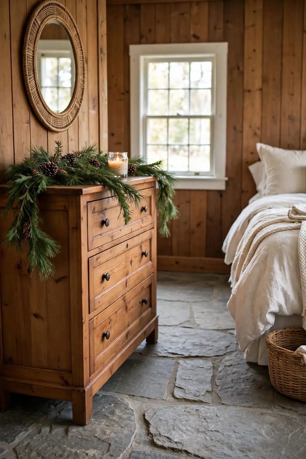 Fresh pine garland laid in a loose wave with pinecones across a wood dresser in a rustic bedroom with paneled walls.