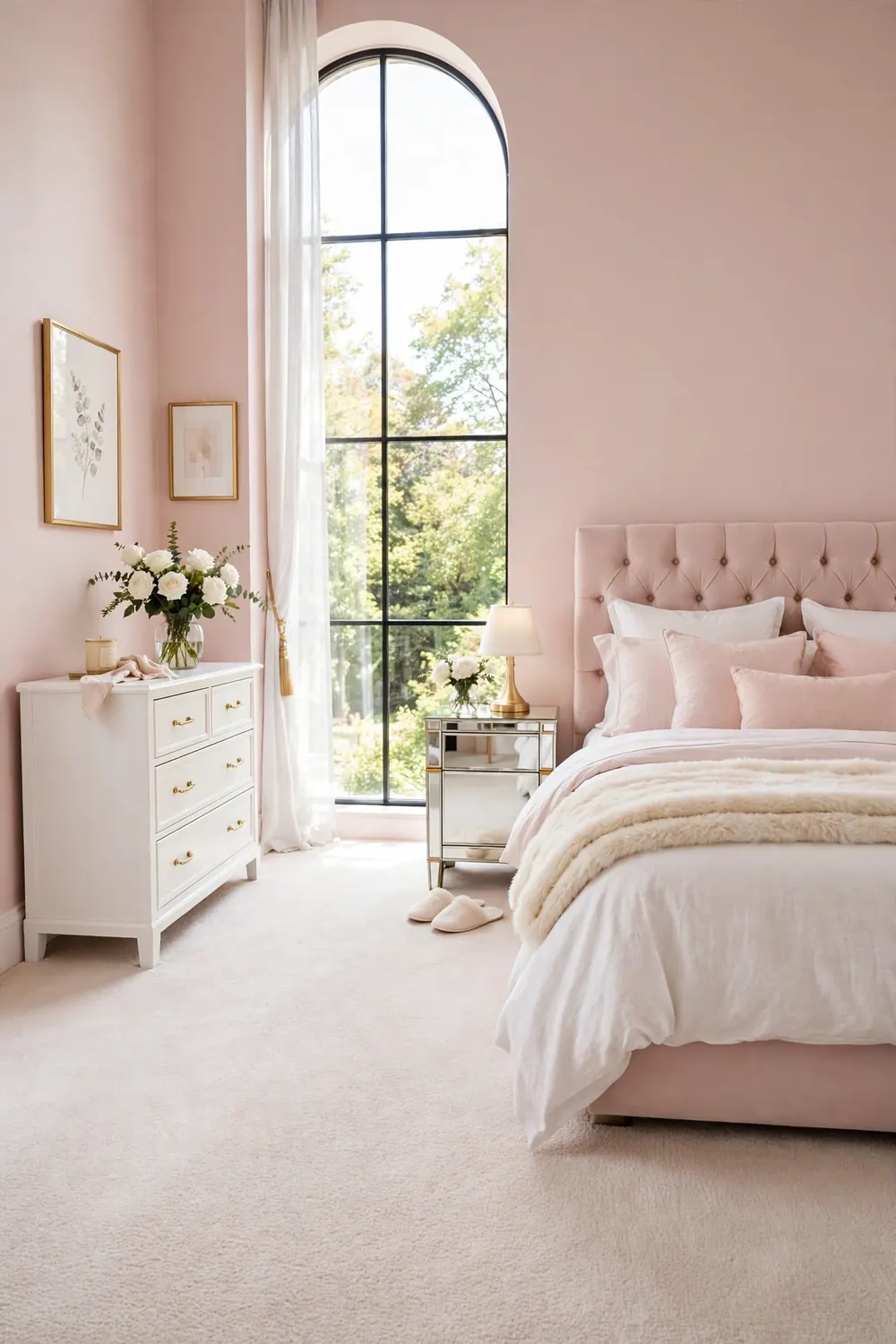 Cream faux fur throw folded in thirds at the foot of a bed in a glam bedroom with blush walls and soft carpet.