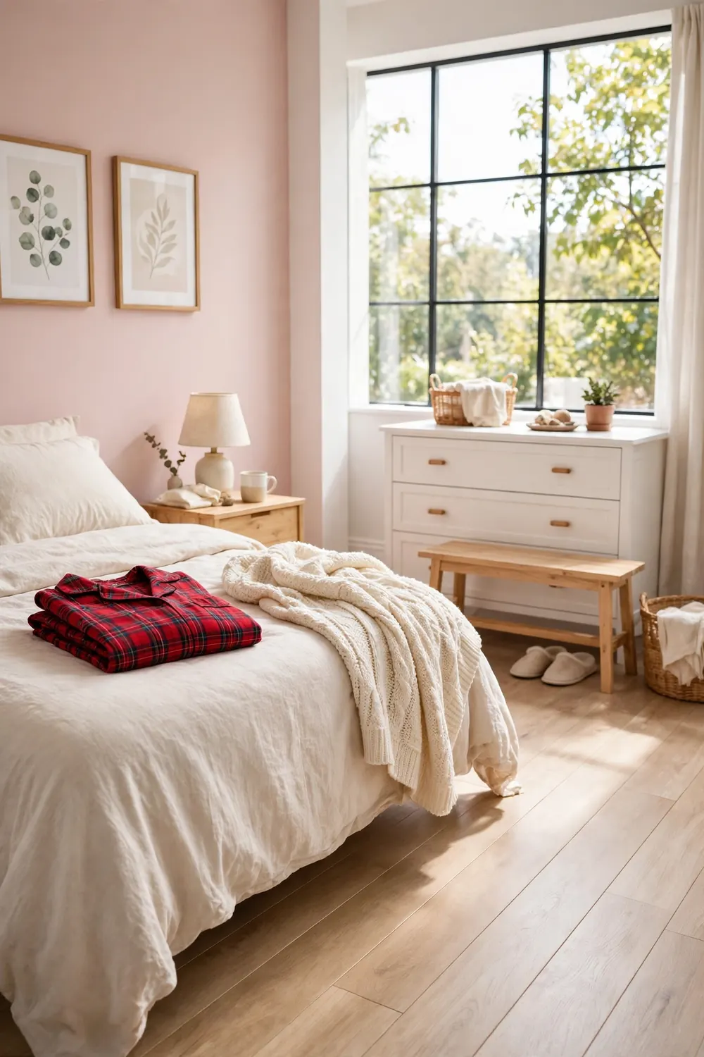 Folded red plaid pajamas laid on the bed in a cheerful bedroom with soft pink walls and a wide bright window.