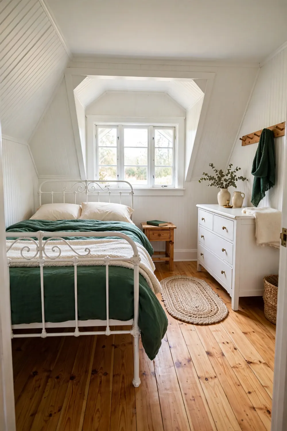 Deep green flannel sheets and cream blankets on a bed in a cottage bedroom with beadboard walls, a pine floor and a dormer window.